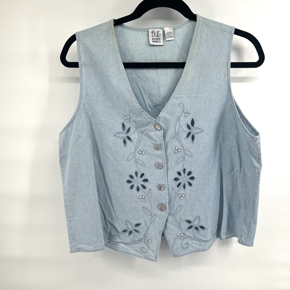 Vintage Women's 90s B.U.G. Denim Chambray Vest 18/20 Cottagecore Grandma Teacher
